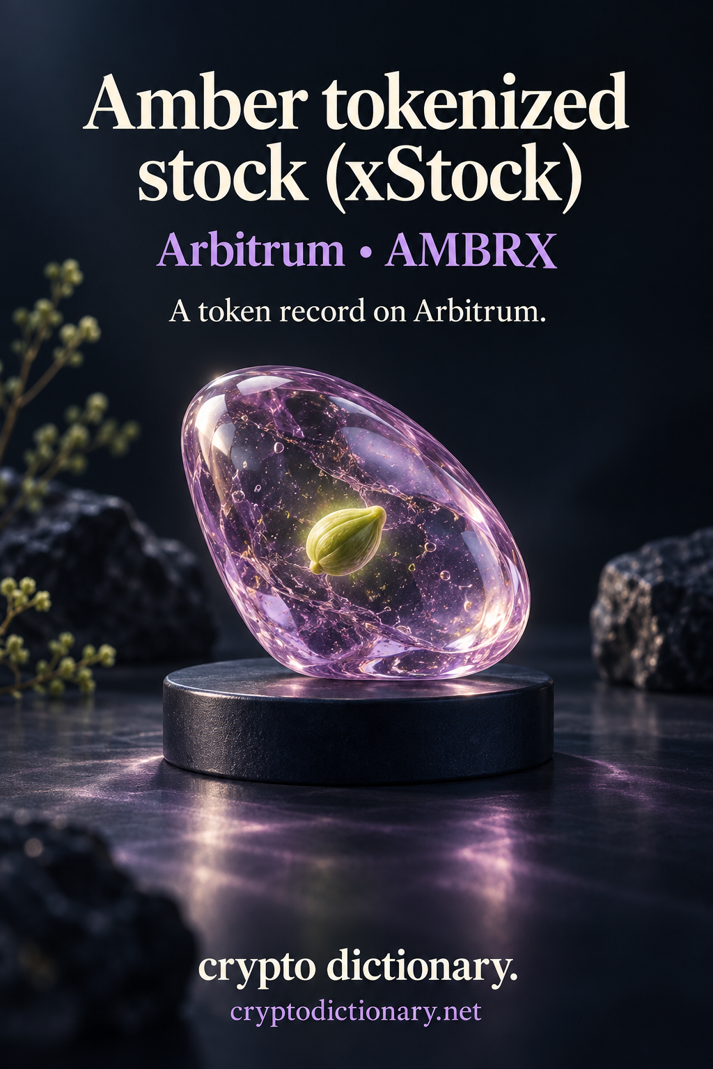 Amber tokenized stock (xStock) registry illustration on Arbitrum with a lilac resin pebble enclosing a small lime seed on a navy specimen stand.