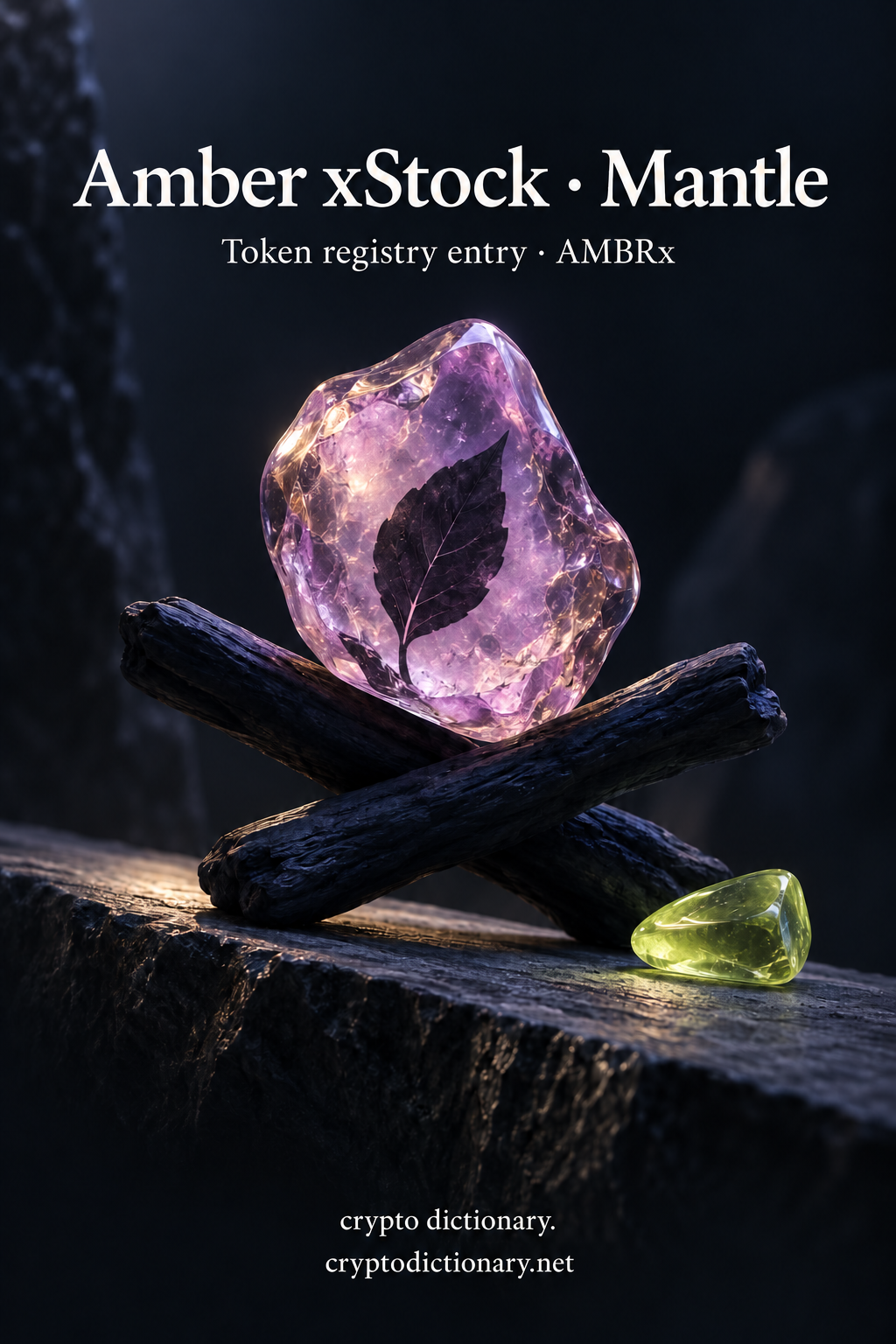Lilac resin-like nugget with leaf and crossed navy branches, titled Amber xStock · Mantle.
