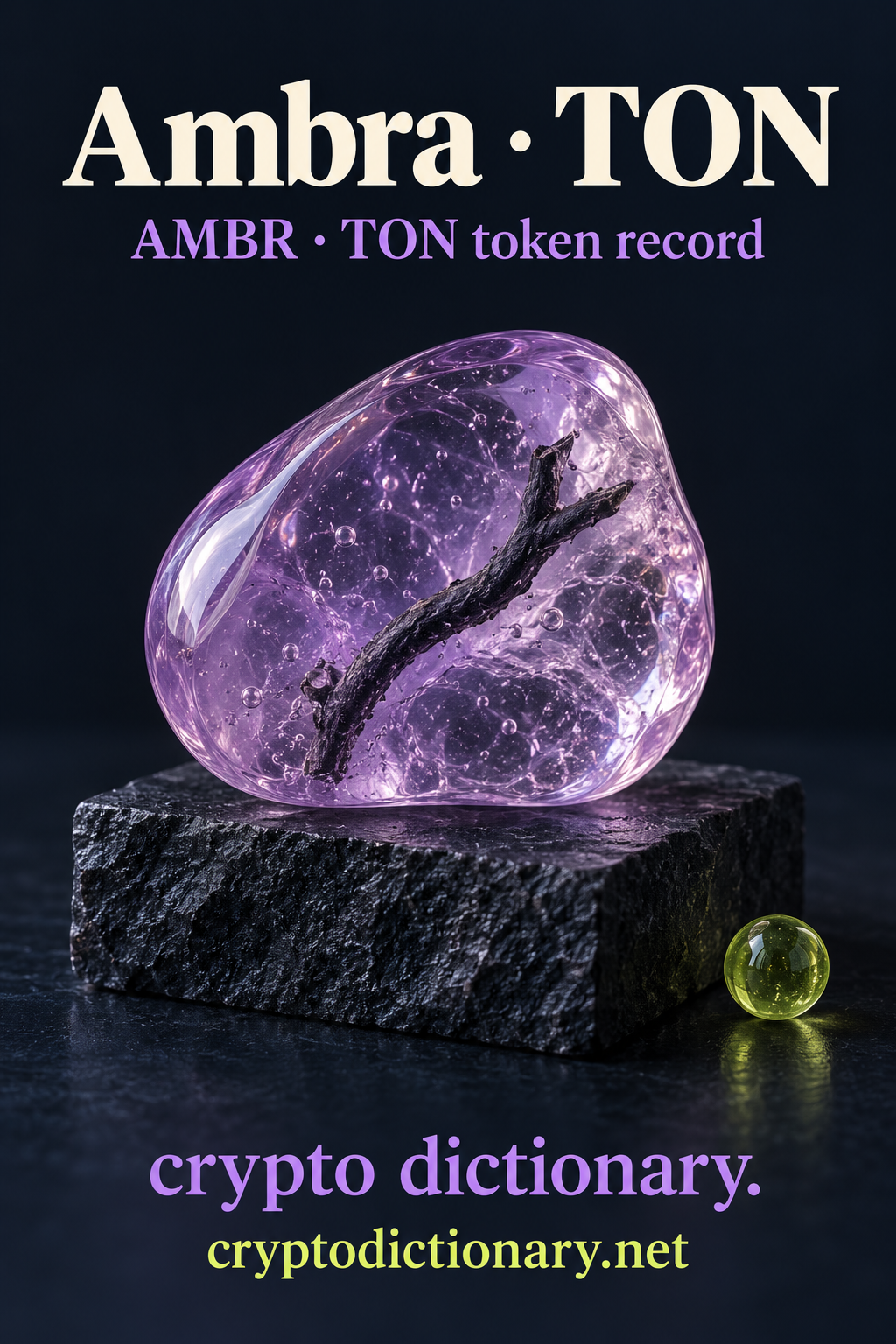 A translucent lilac resin nugget with a navy twig inside on rough navy basalt beside a lime bead, beneath Ambra · TON.
