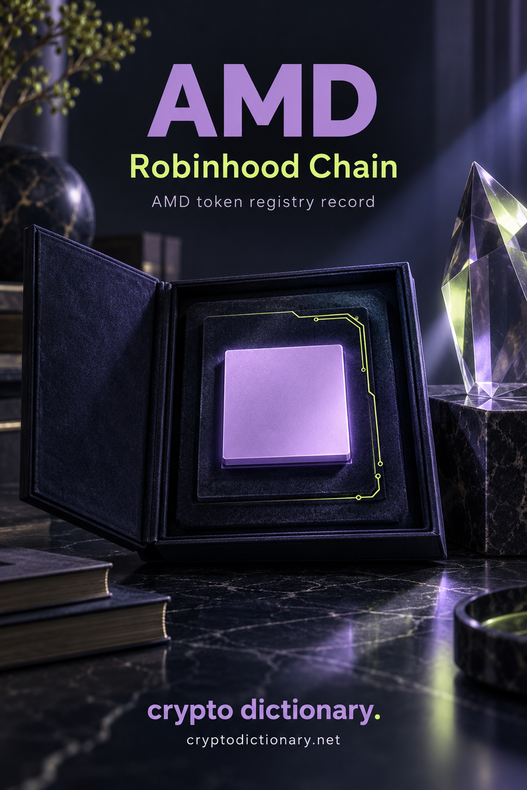 AMD on Robinhood Chain: a blank lilac silicon-like square in an open archive folio illuminated by a faceted glass prism.