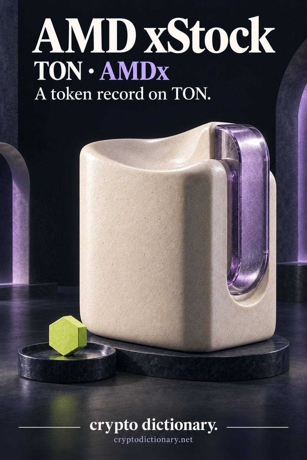 An original concave ivory archive specimen with a lilac U-channel bracket and lime hexagonal locator, labelled AMD xStock, TON and AMDx.