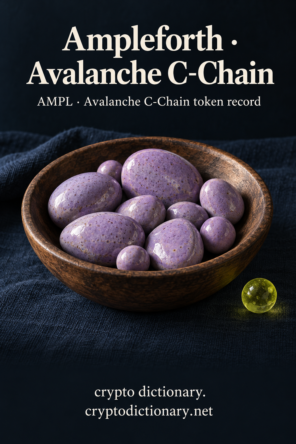 Lilac ceramic pebbles in roomy wooden bowl for Ampleforth on Avalanche C-Chain with AMPL registry caption.