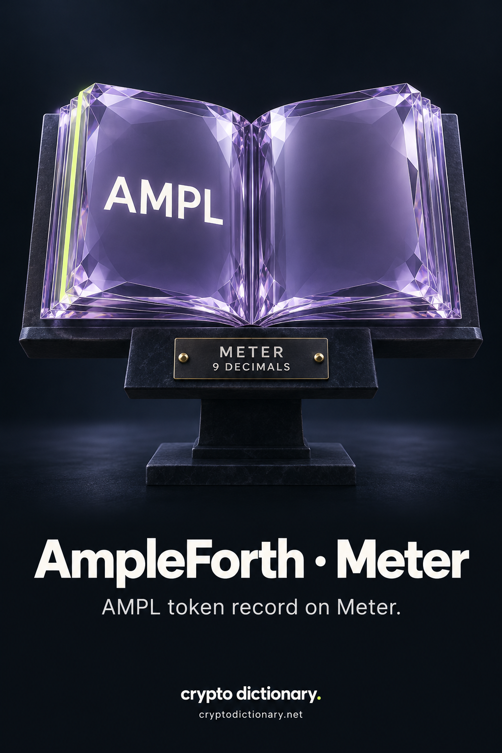 An open lilac glass catalogue book with an AMPL record page and Meter, 9 decimals source plaque.