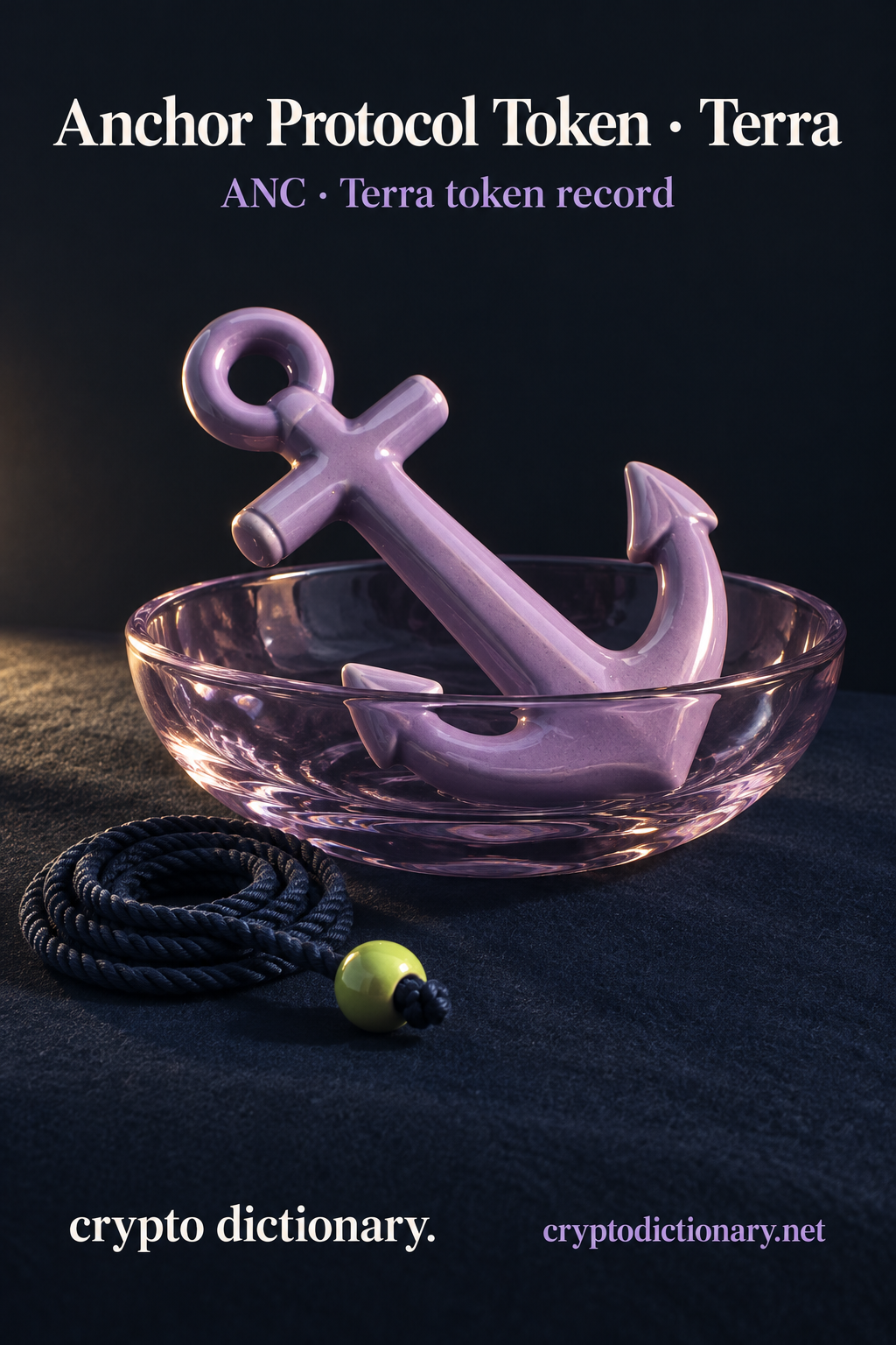 A lilac ceramic nautical anchor rests in a shallow transparent bowl beside coiled navy cord and a lime bead, under Anchor Protocol Token · Terra and ANC registry caption.