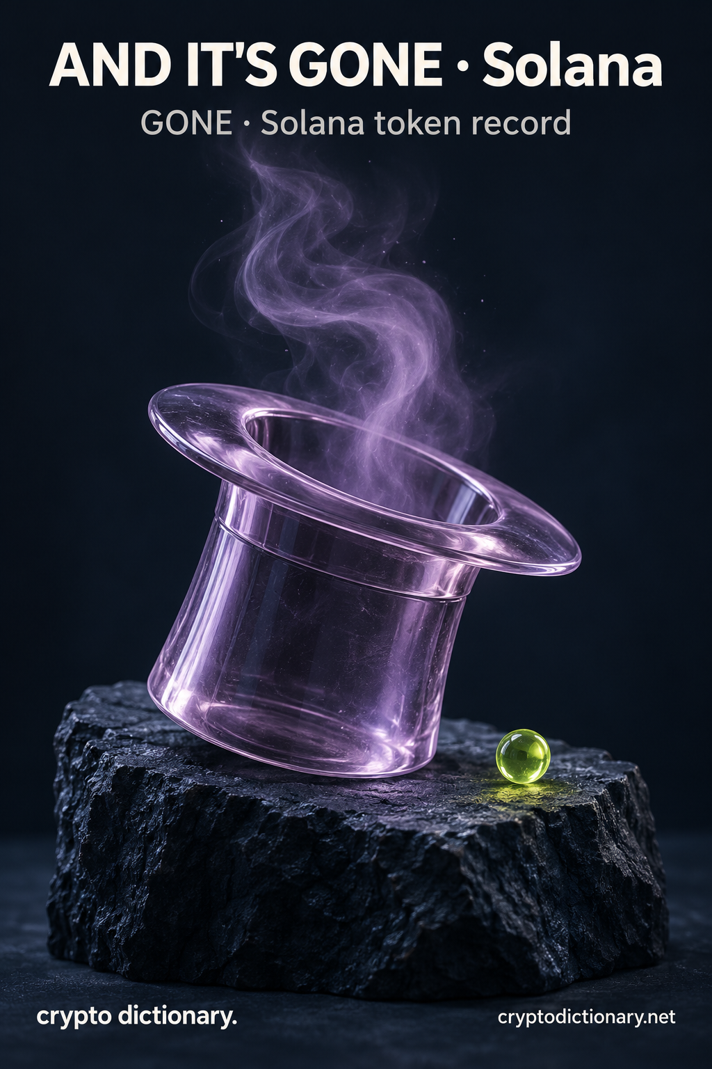 AND IT'S GONE · Solana — original lilac glass name-inspired sculpture with accurate GONE token record caption.