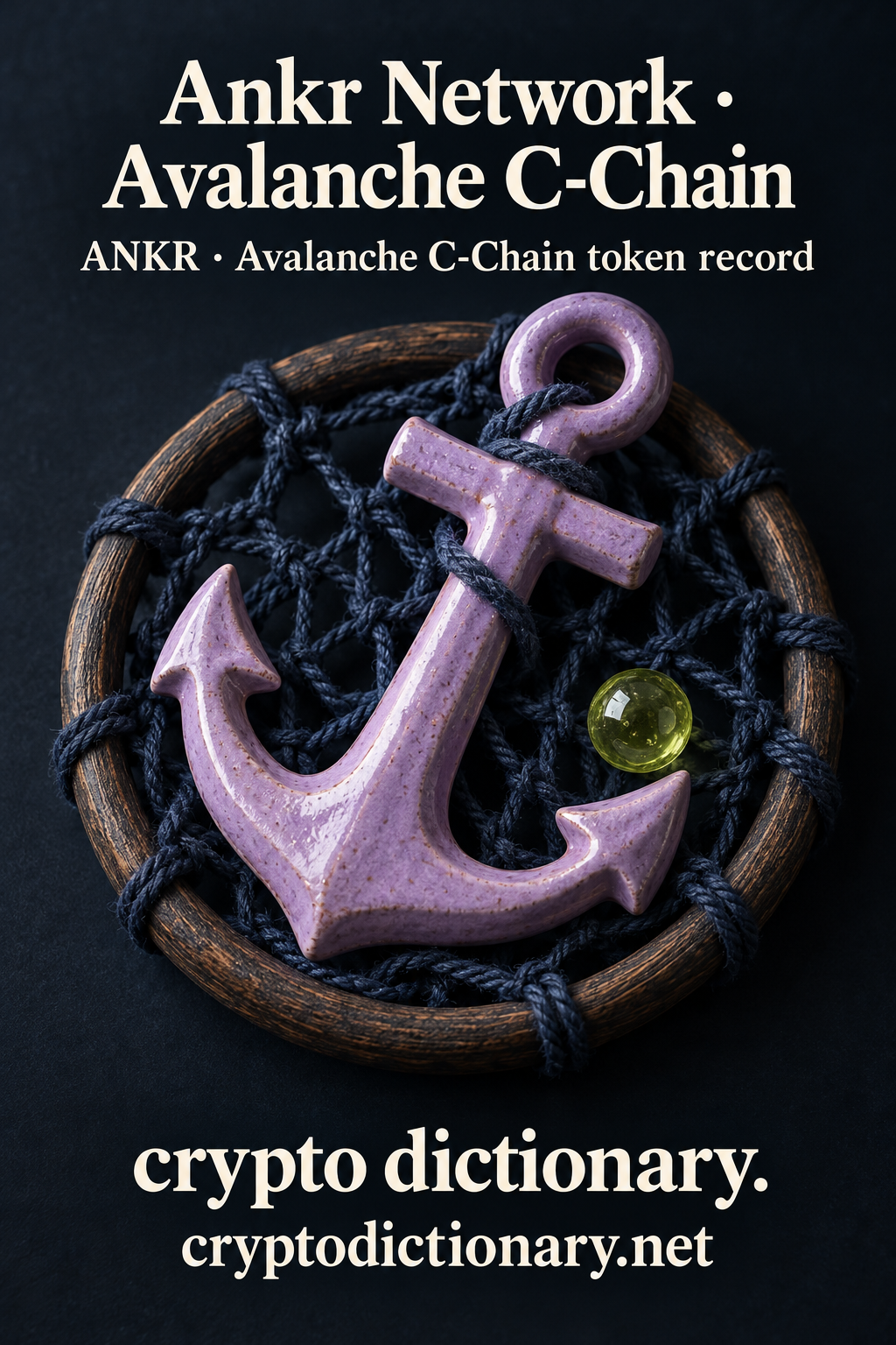Lilac nautical anchor across a navy knotted net in wooden hoop for Ankr Network on Avalanche C-Chain with ANKR registry caption.