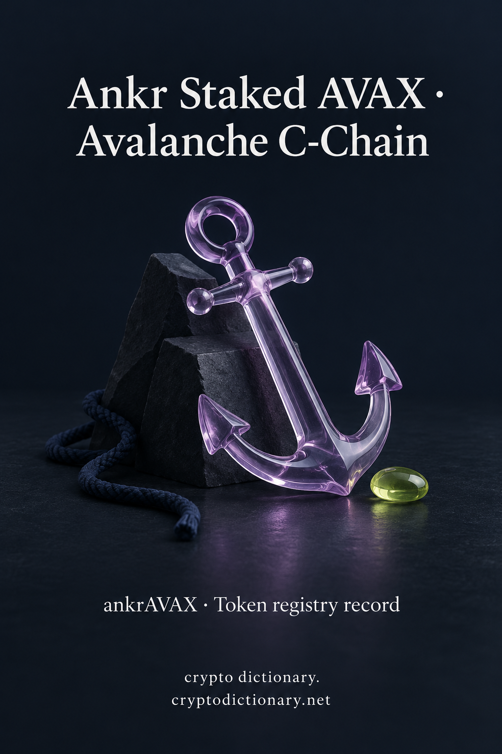 Lilac glass anchor beside navy cord and lime pebble, titled Ankr Staked AVAX · Avalanche C-Chain.