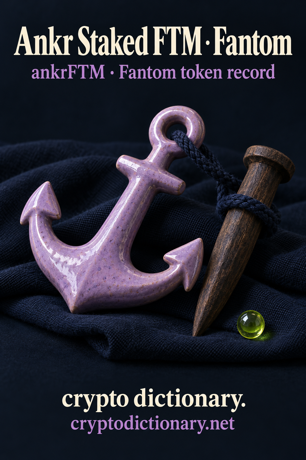 Lilac nautical anchor tied to a wooden peg for Ankr Staked FTM on Fantom, with exact ankrFTM registry caption.