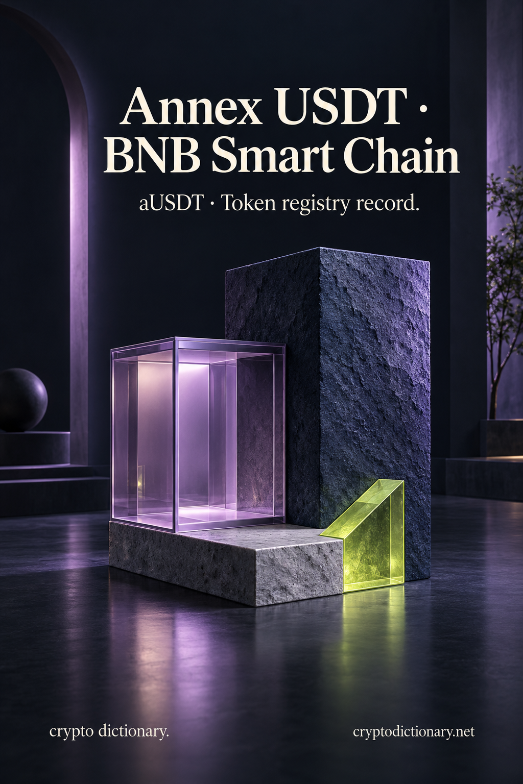 Annex USDT on BNB Smart Chain illustrated by an original lilac glass annex beside a dark stone cuboid and lime wedge, with neutral aUSDT registry caption.