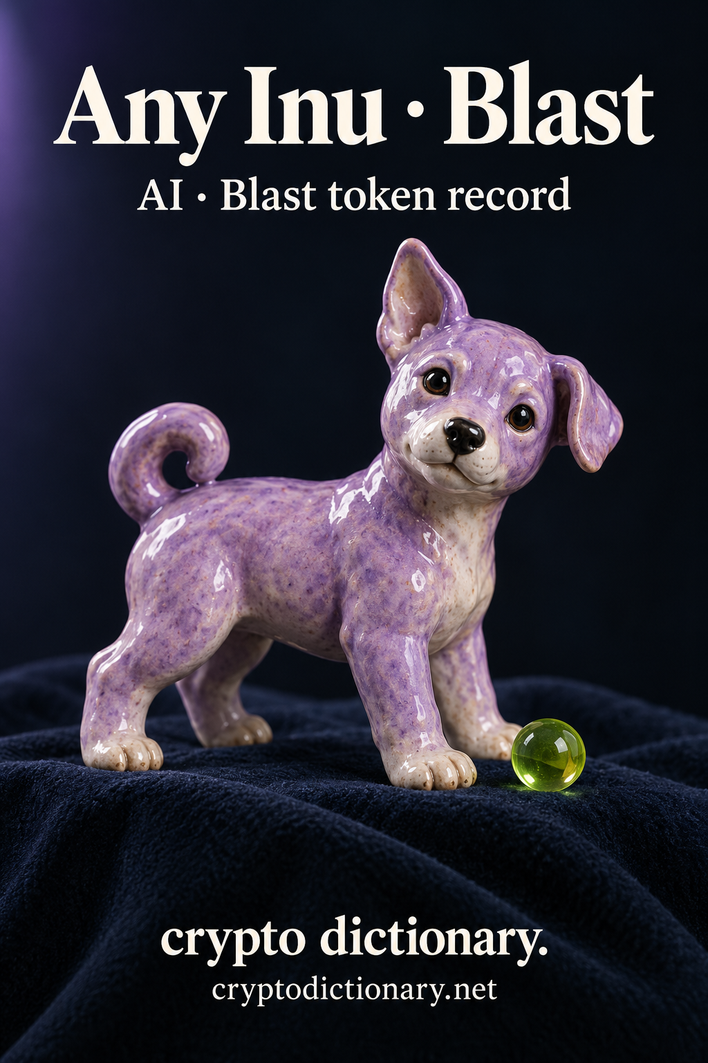 A lilac ceramic mixed-breed puppy with one upright and one floppy ear stands on folded navy cloth near a lime bead; Any Inu · Blast token record artwork.