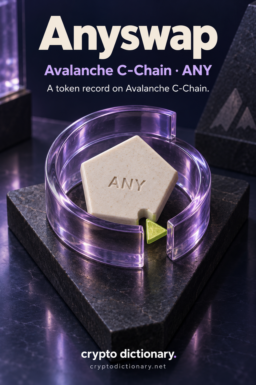 An ivory pentagonal ANY specimen in a lilac spiral cradle with a lime notch locator, labelled Anyswap and Avalanche C-Chain.