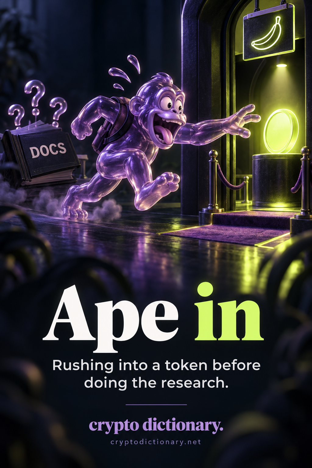 An impulsive lilac glass ape rushes toward a glowing plain token doorway, leaving closed DOCS and unanswered question marks behind after noticing a banana meme sign.
