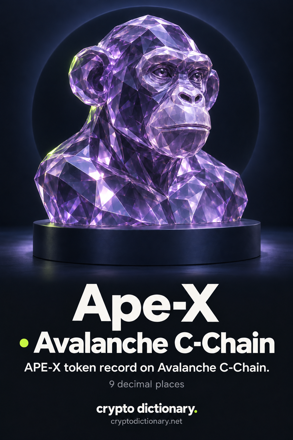 An anonymous faceted lilac ape bust on a navy circular plinth above Ape-X · Avalanche C-Chain and the APE-X token record caption with nine decimal places.