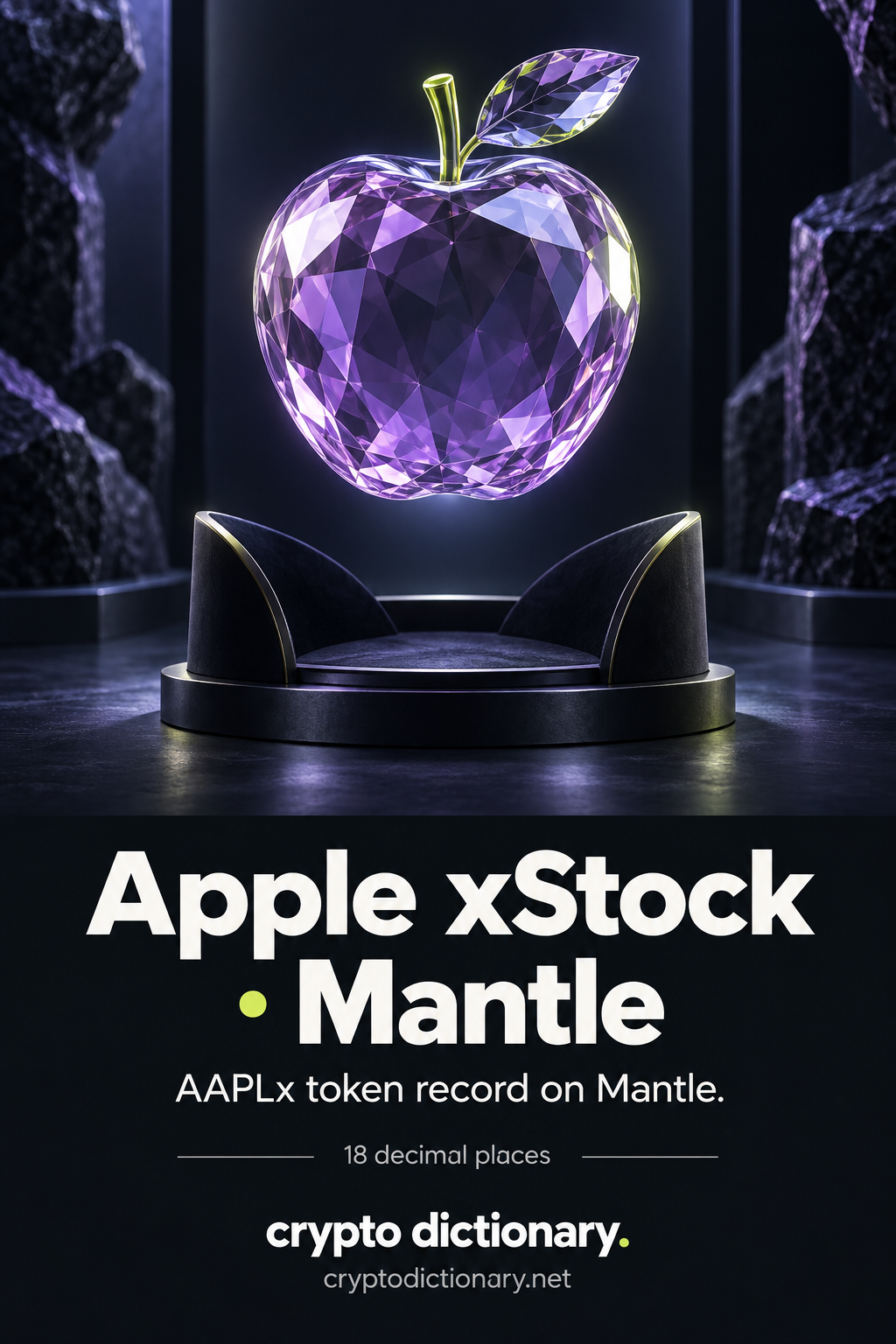 A whole faceted lilac apple fruit floats above a plain dark catalogue cradle, with Apple xStock · Mantle and AAPLx token registry caption.