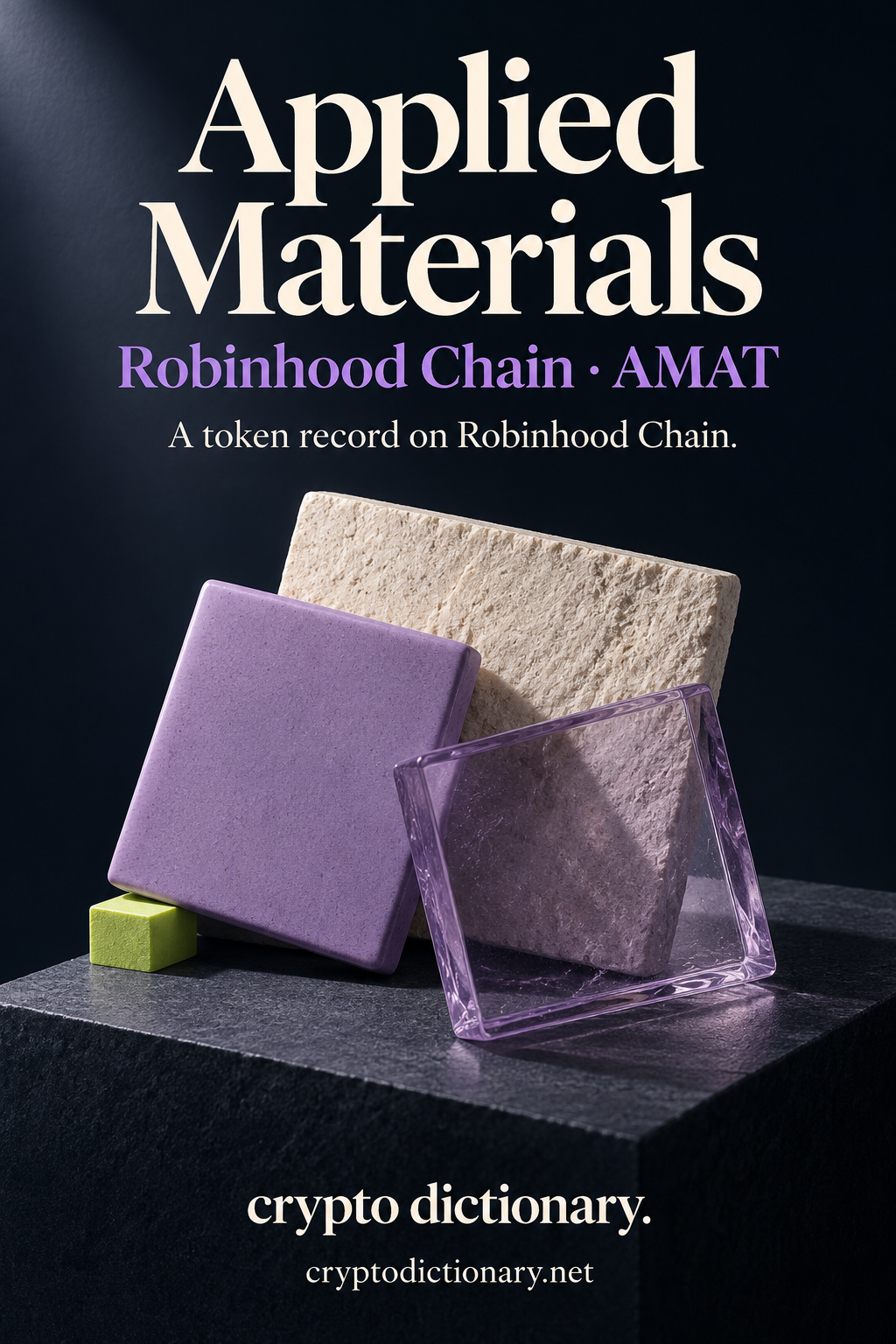Applied Materials, Robinhood Chain · AMAT, above overlapping lilac ceramic, translucent lilac glass and ivory textured stone sample slabs on a navy mount with a lime corner peg, and Crypto Dictionary footer.