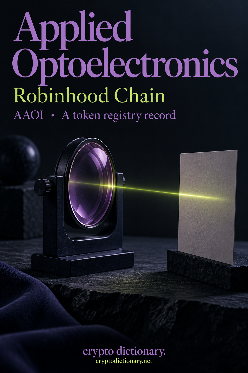 Lilac optical lens and lime light line identifying Applied Optoelectronics, AAOI token record on Robinhood Chain.
