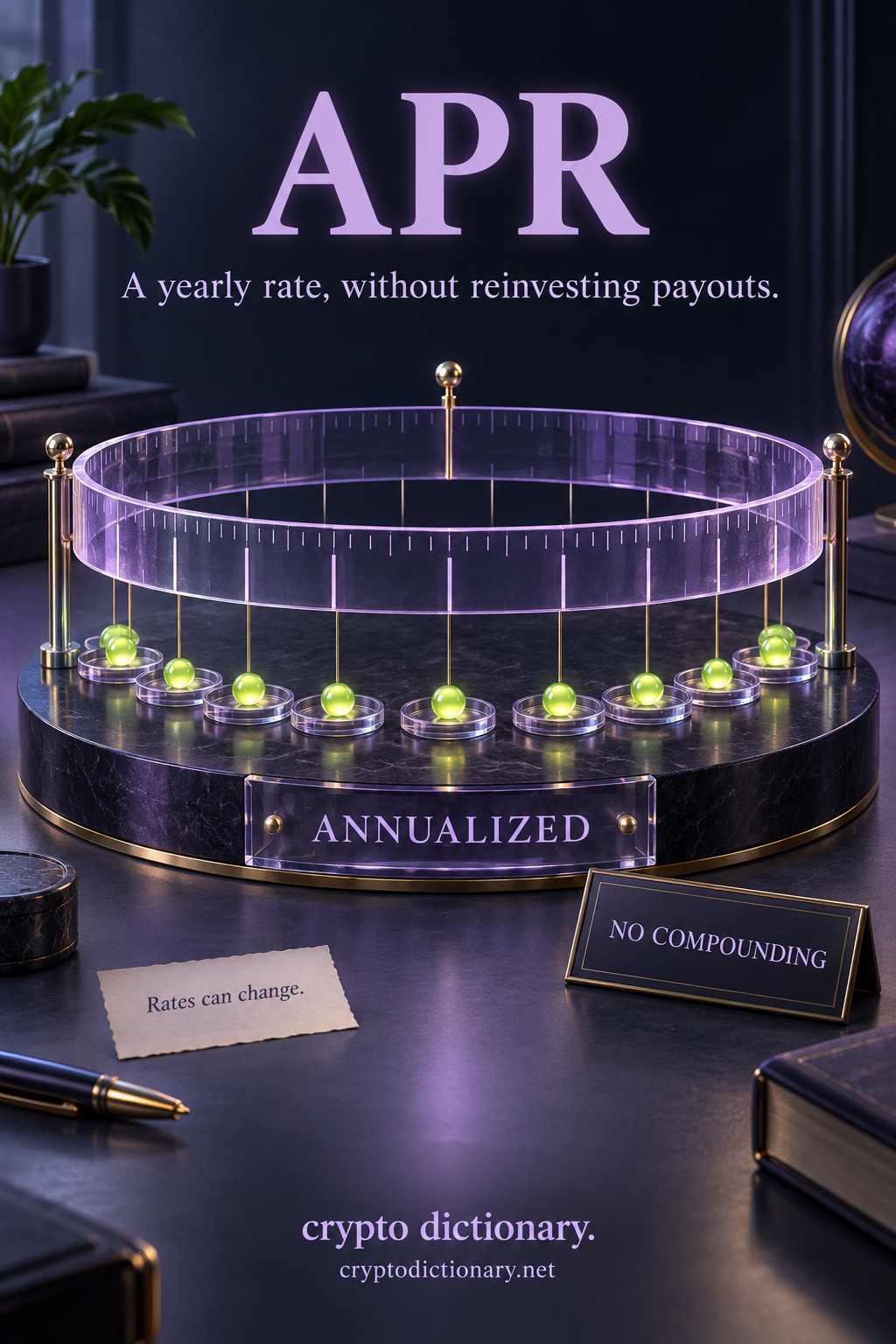 A translucent annual ruler above separately collected lime payout beads, labeled annualized and no compounding.