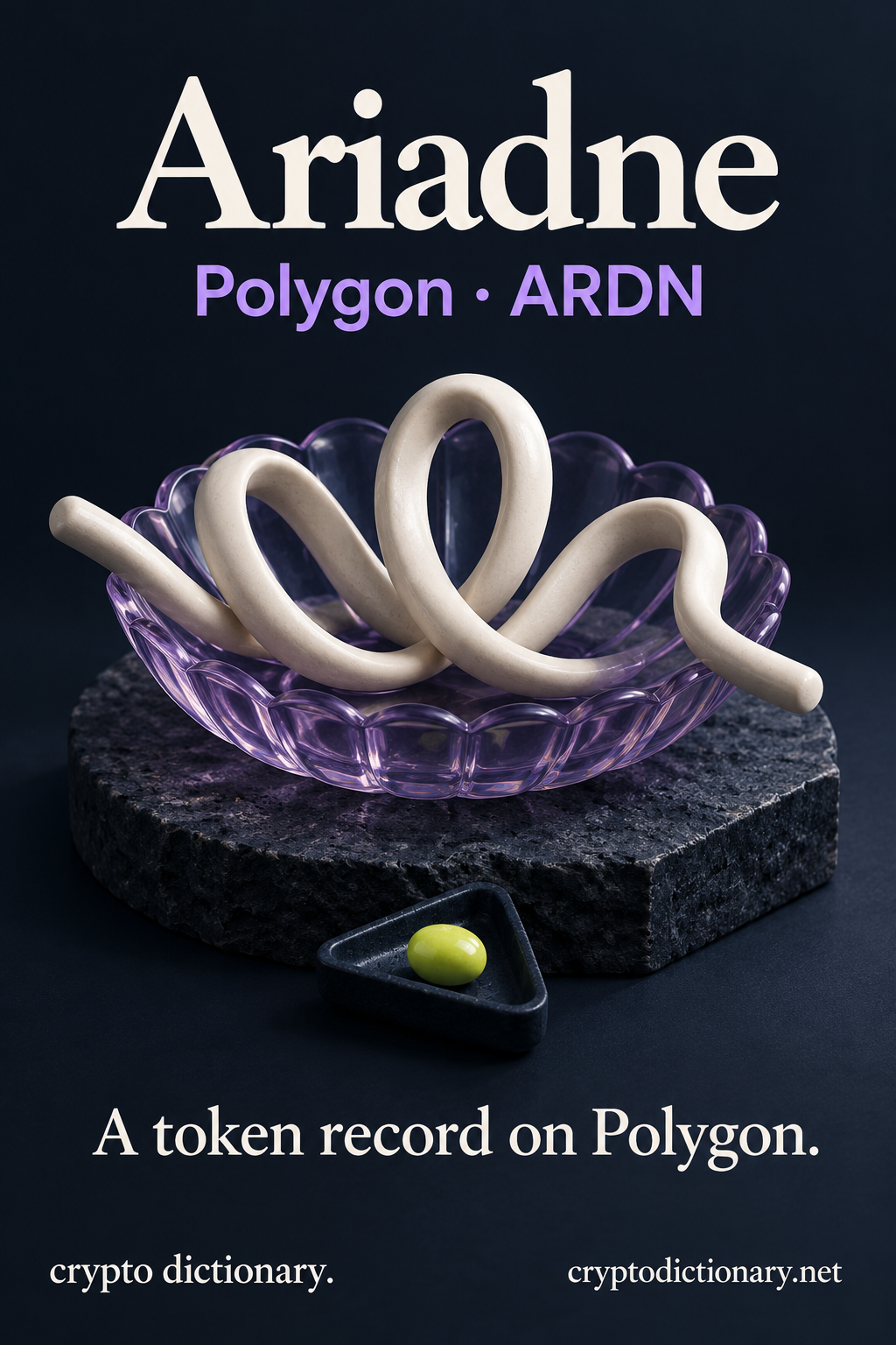 Ariadne token record on Polygon: three smooth ivory ceramic thread loops in a lilac scalloped glass dish, on basalt with a lime bead.