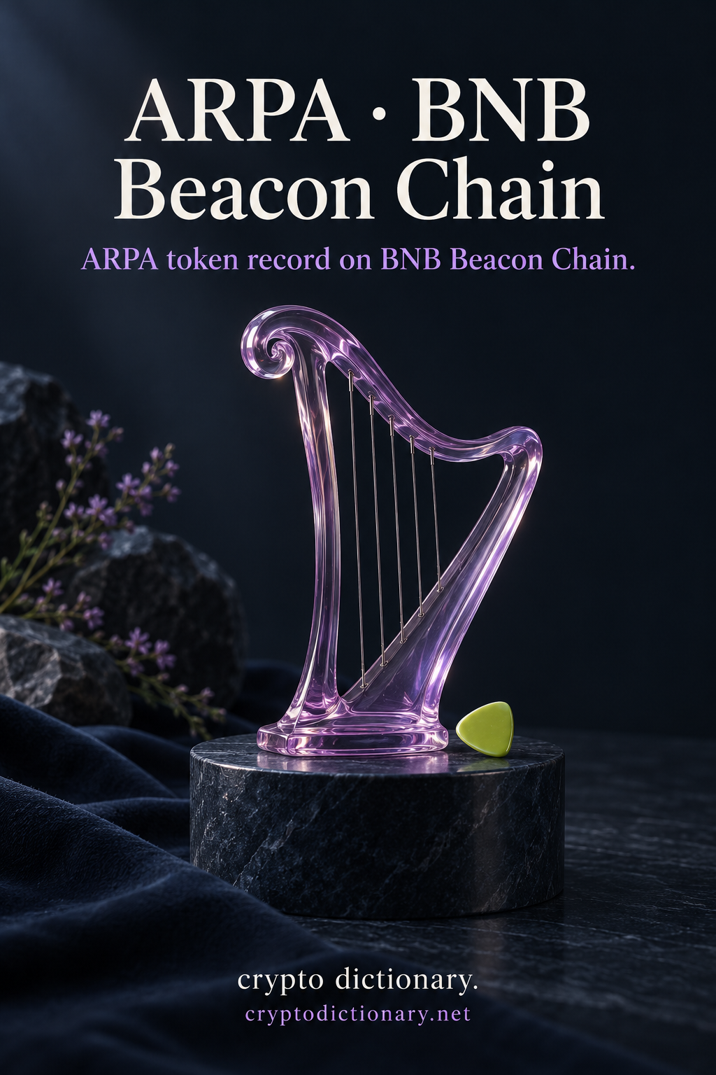 Lilac glass harp with lime plectrum on dark stone; ARPA · BNB Beacon Chain registry artwork.