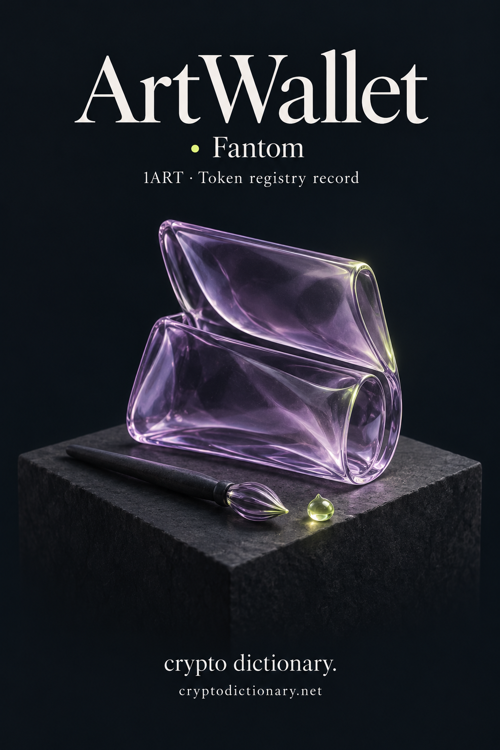 ArtWallet · Fantom registry artwork showing a folded lilac glass pouch-like sculpture and an unlettered brush-like rod on a blank stone pedestal.