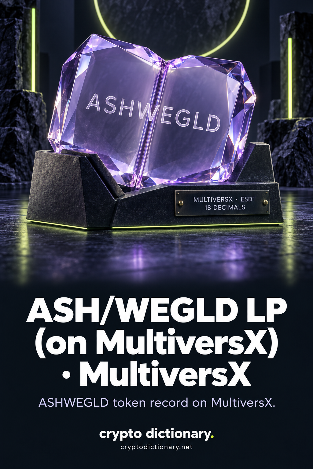 A folded ASHWEGLD glass catalogue record with MultiversX ESDT and 18 decimals source plaque.