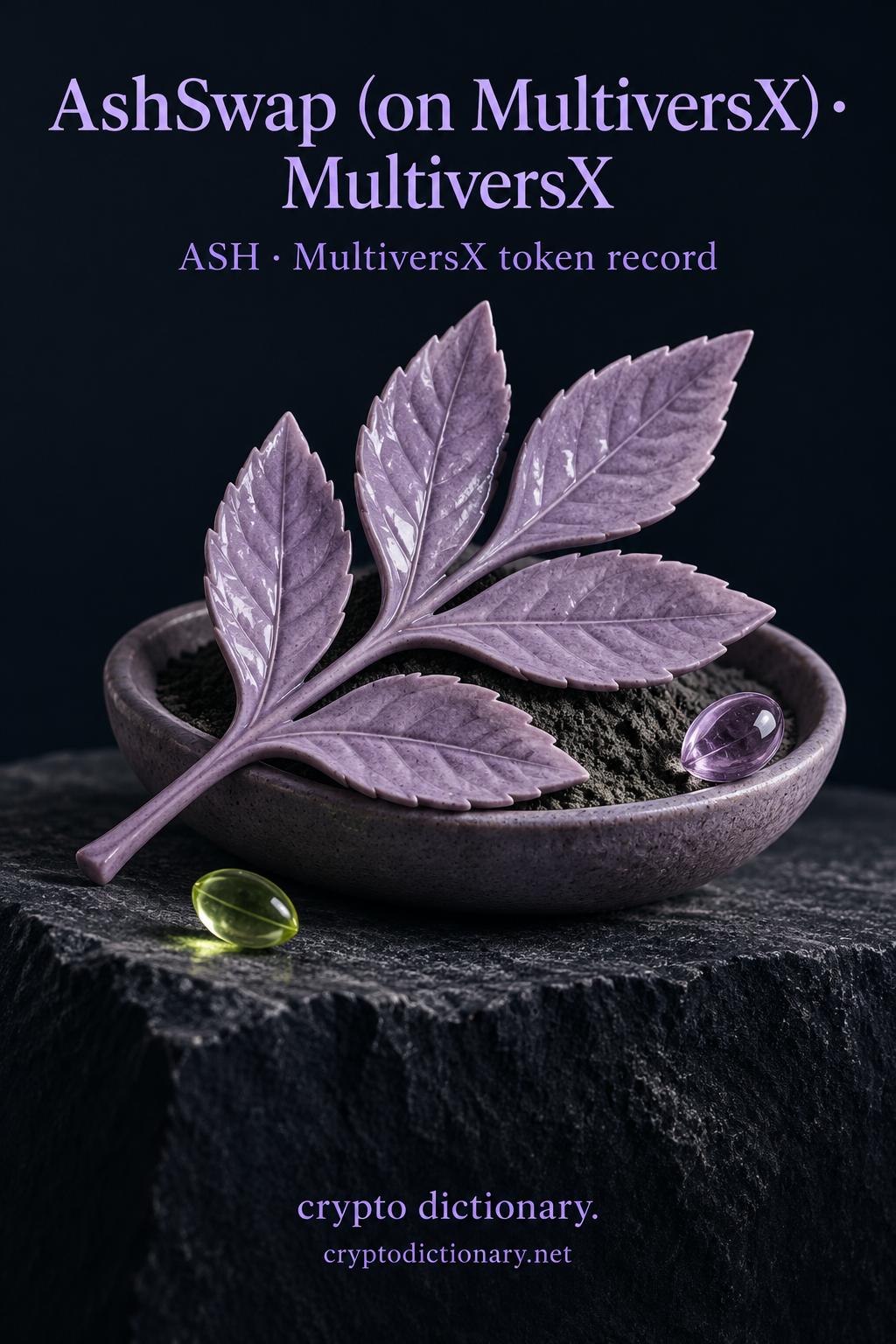 Lilac ceramic ash leaves over grey powder in a bowl with glass seeds, beneath the full AshSwap (on MultiversX) · MultiversX heading.