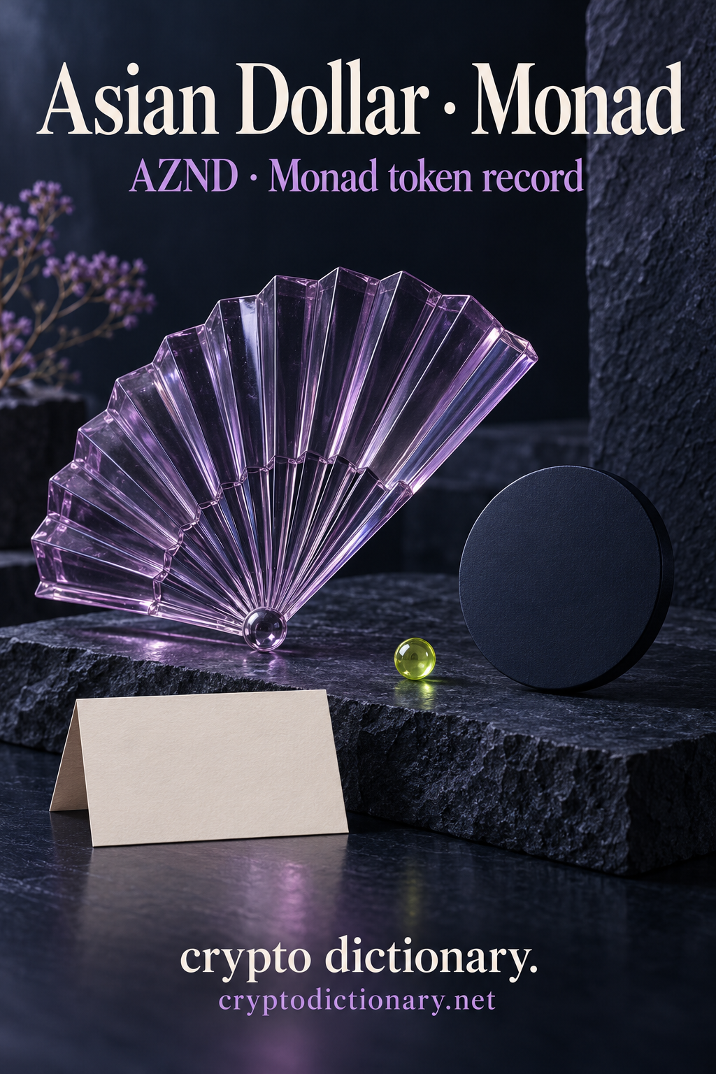 Asian Dollar · Monad above a folded lilac glass fan, plain navy disc, lime bead and blank card on dark stone; AZND · Monad token record and Crypto Dictionary branding.
