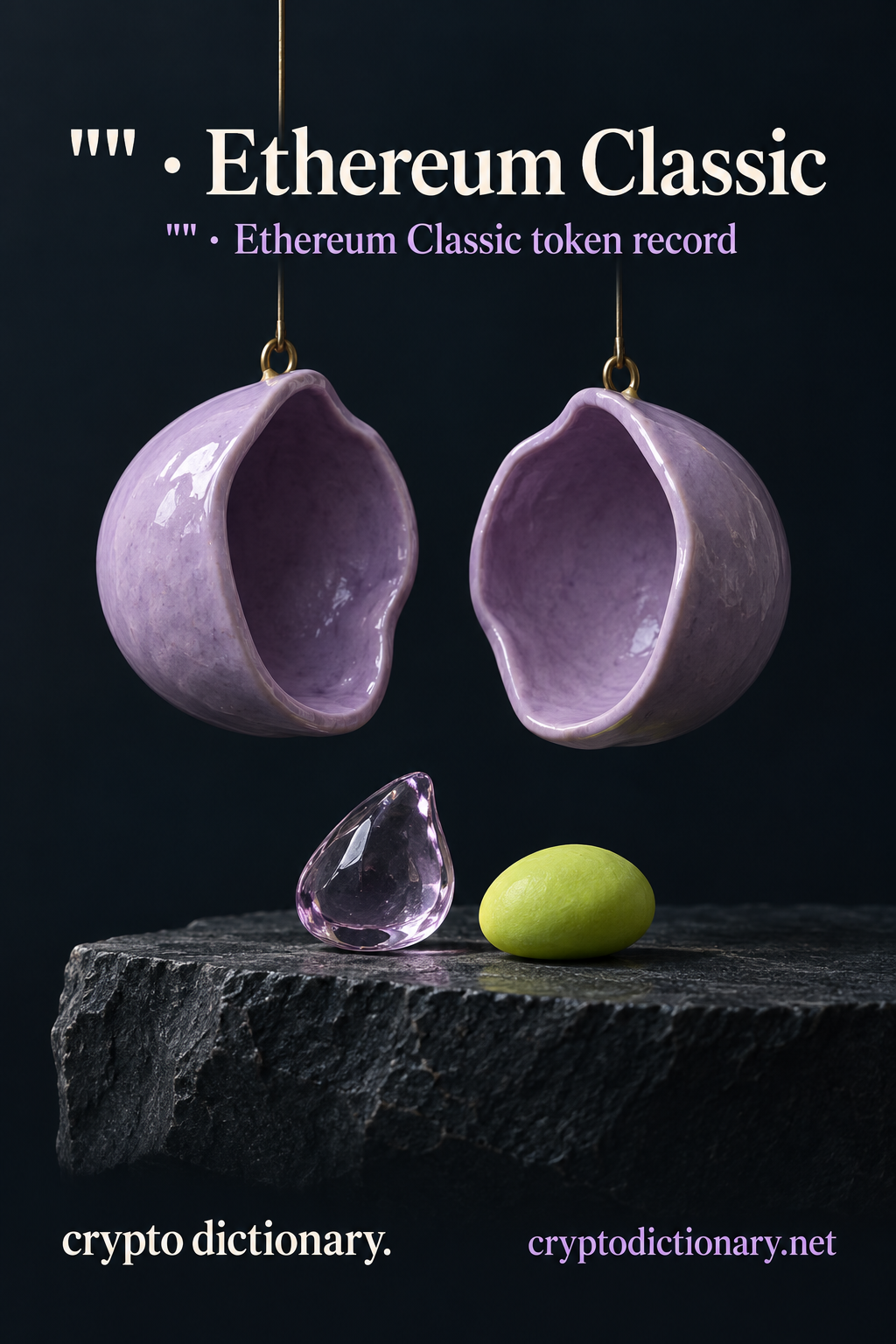 Two suspended hollow lilac ceramic cups above a glass droplet and lime oval, with the literal quote-name Ethereum Classic heading.