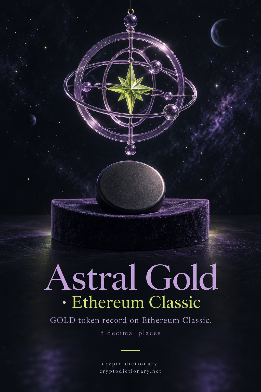 Glass astrolabe and lime star above a blank token tile, illustrating the Astral Gold GOLD record on Ethereum Classic.