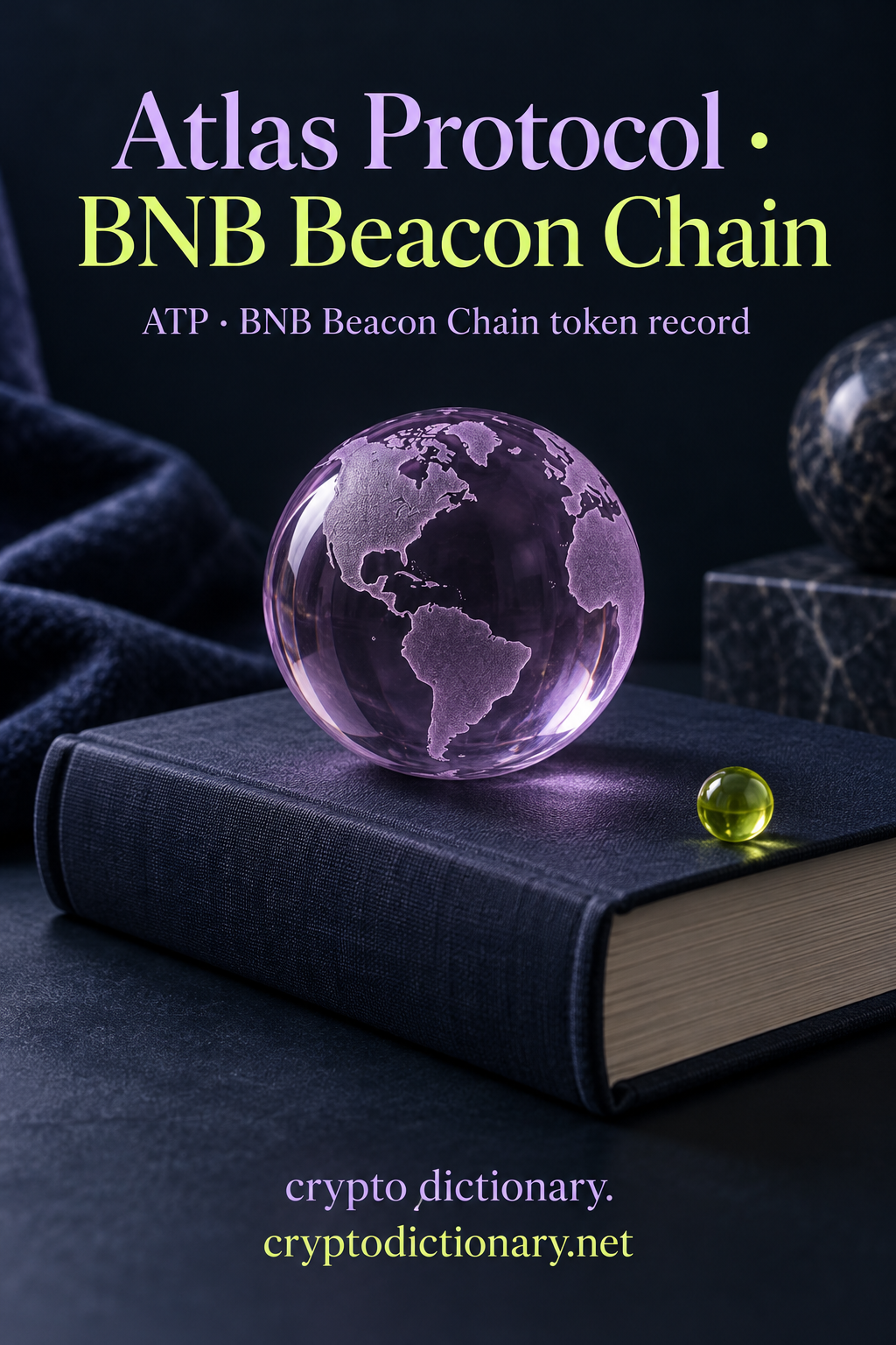 A lilac glass globe on a blank navy book illustrates Atlas Protocol, an ATP token record on BNB Beacon Chain.
