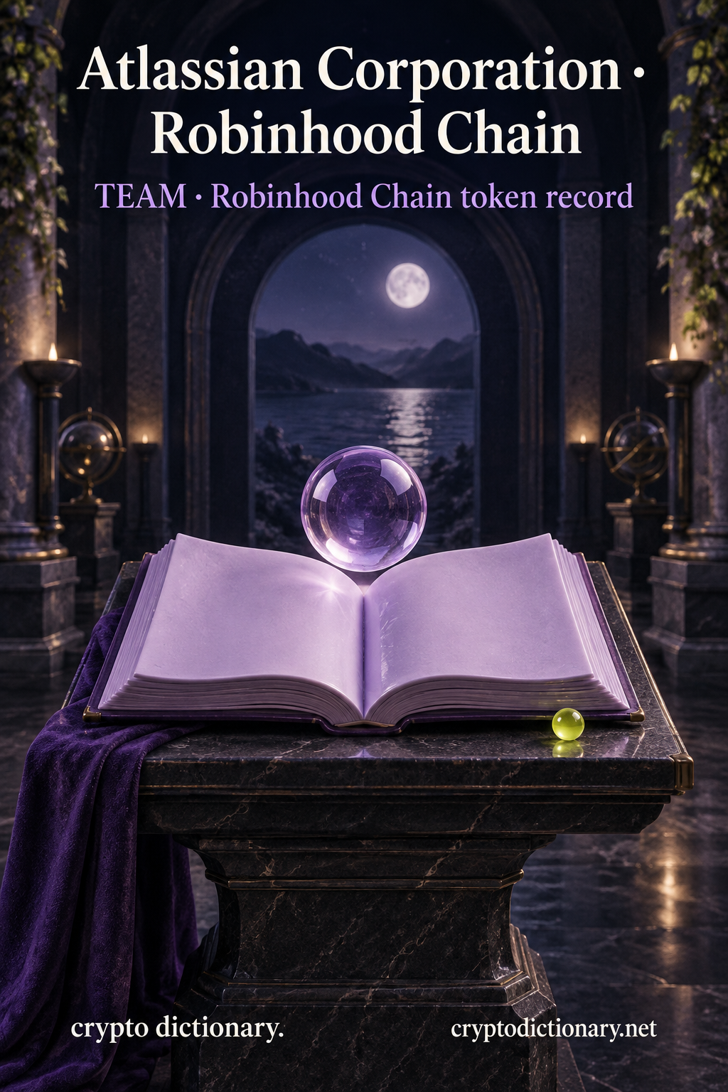 A blank lilac atlas-like book on a dark lectern with a lilac glass globe and lime bead, beneath Atlassian Corporation · Robinhood Chain and TEAM token-record caption.