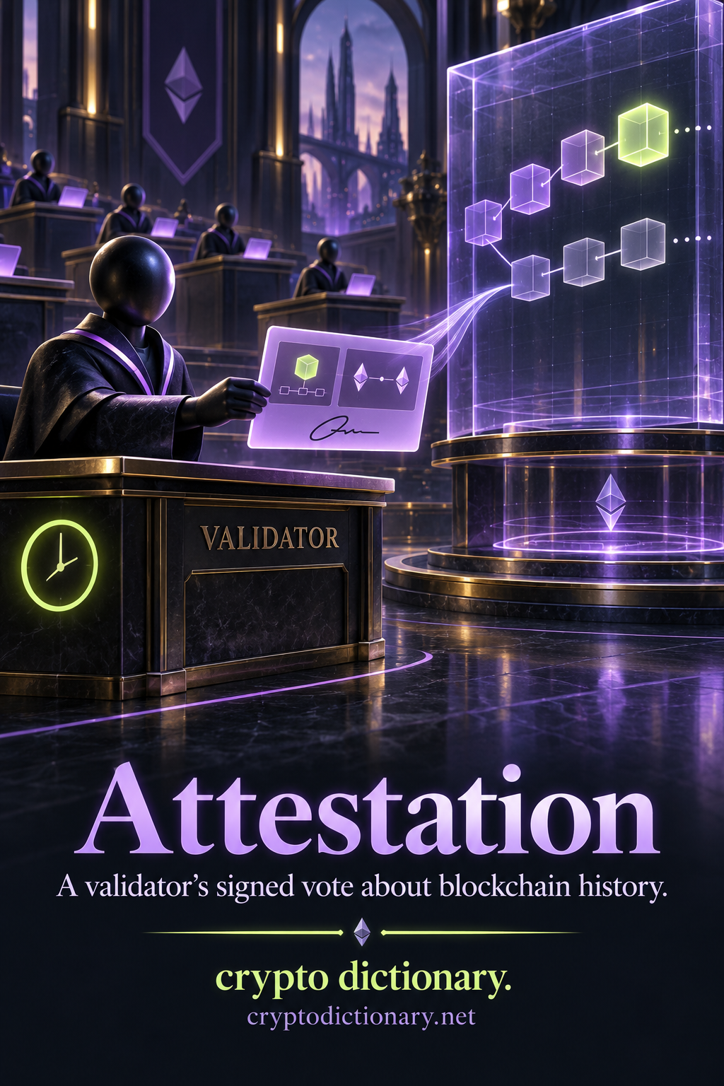 A validator desk sends a signed abstract vote card showing a head block and two checkpoint markers to a branched consensus-history display, with other validator desks and a clock in view.