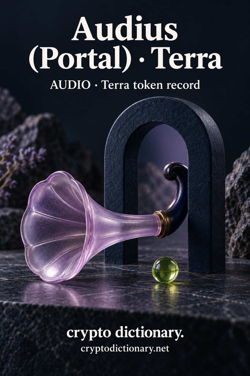 A lilac glass ear trumpet rests through a plain navy arch doorway above dark stone and a lime bead; Audius (Portal) · Terra registry artwork.