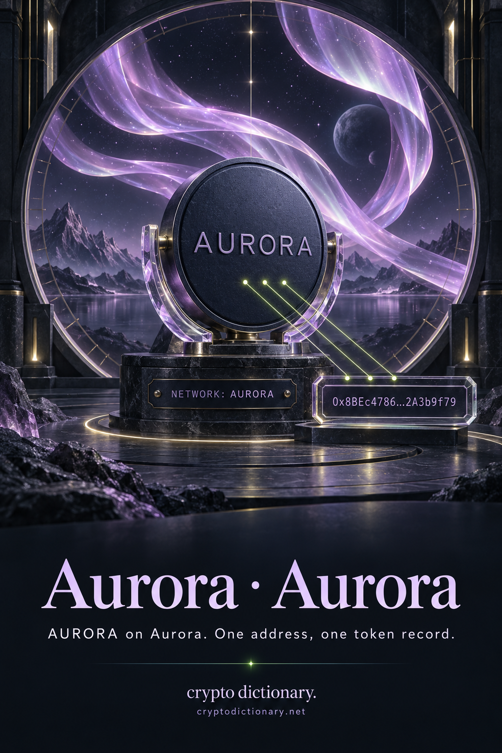 A plain AURORA token disk in a catalog mount labeled NETWORK: AURORA, traced to an abbreviated public contract amid lilac aurora ribbons.
