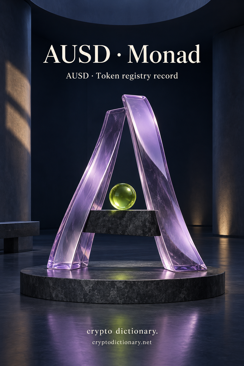 Two lilac glass slabs forming an A-shaped sculpture with a charcoal crosspiece and lime sphere beneath AUSD · Monad.