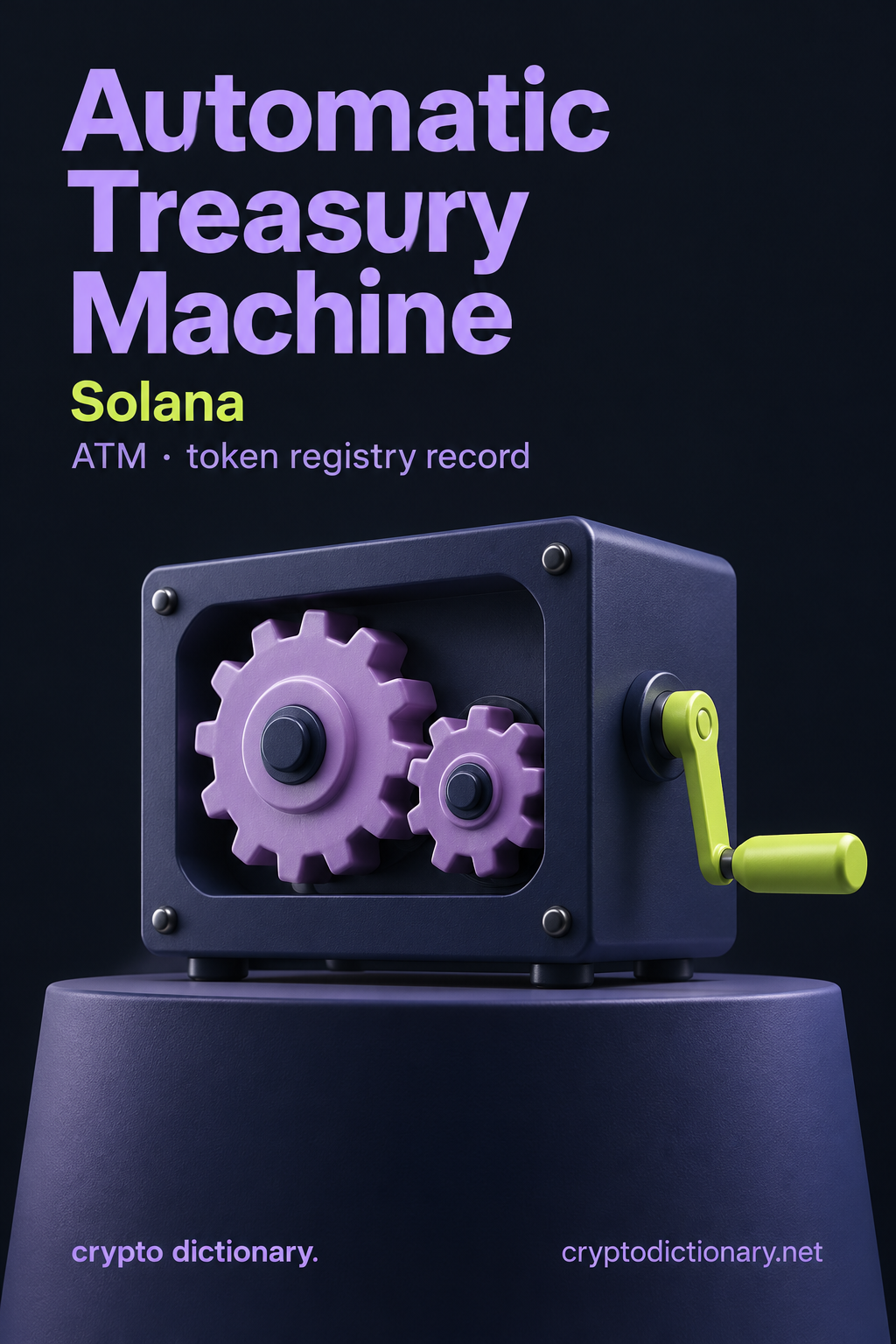 Automatic Treasury Machine on Solana: two lilac gears inside a navy mechanical box with lime hand crank, illustrating the ATM registry record.