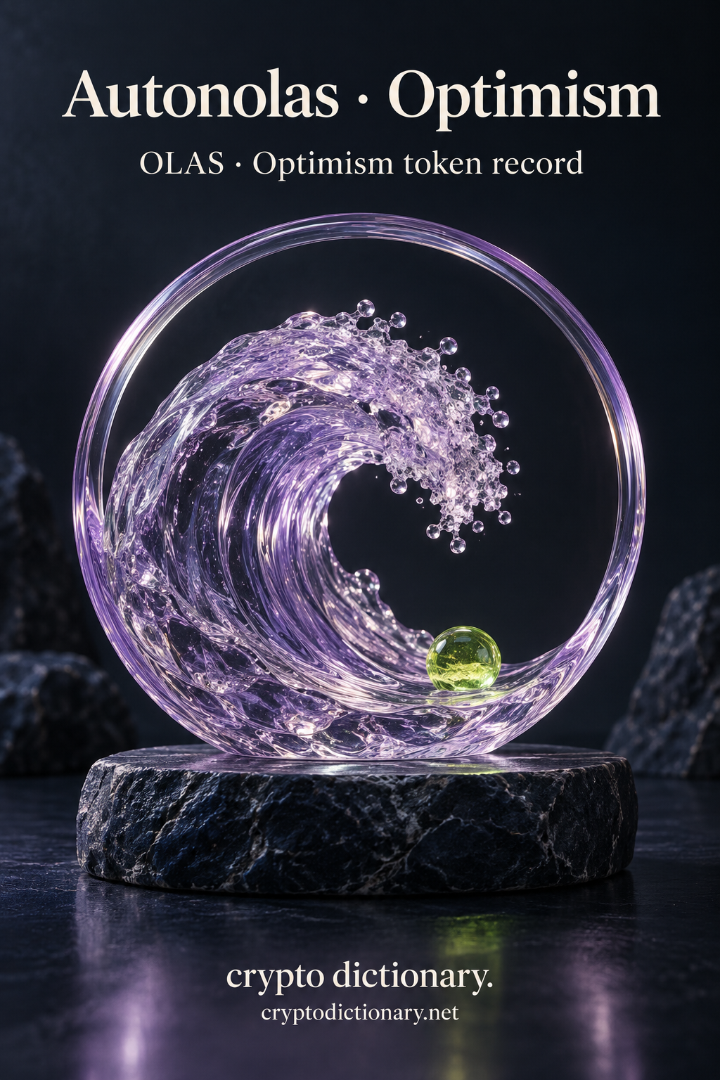 Autonolas · Optimism — original lilac glass name-inspired sculpture with accurate OLAS token record caption.