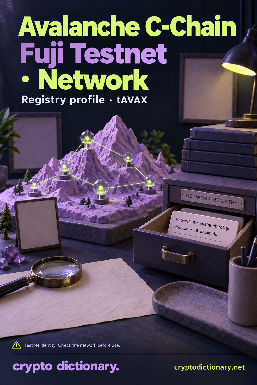 Fuji testnet network registry: lilac mountainous tabletop network specimens beside an exact tAVAX identity card.