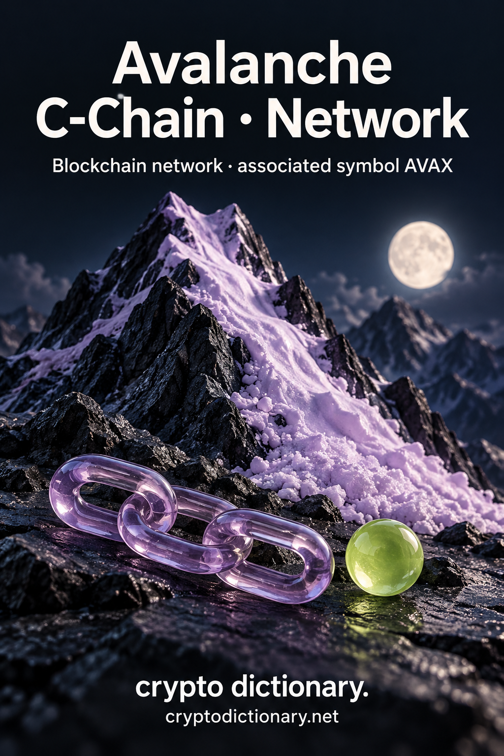 A navy mountain ridge carries a lilac snowdrift above loose lilac glass chain links and a lime bead; Avalanche C-Chain · Network registry artwork.