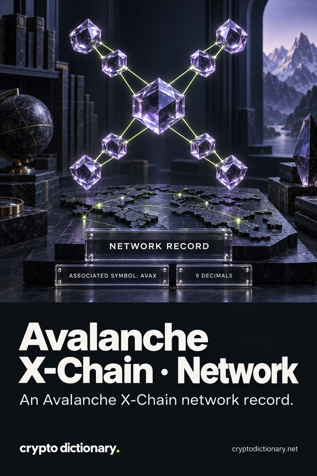 A suspended abstract X-shaped glass network sits over an archival map with a network-record plaque identifying associated symbol AVAX and nine-decimal precision.