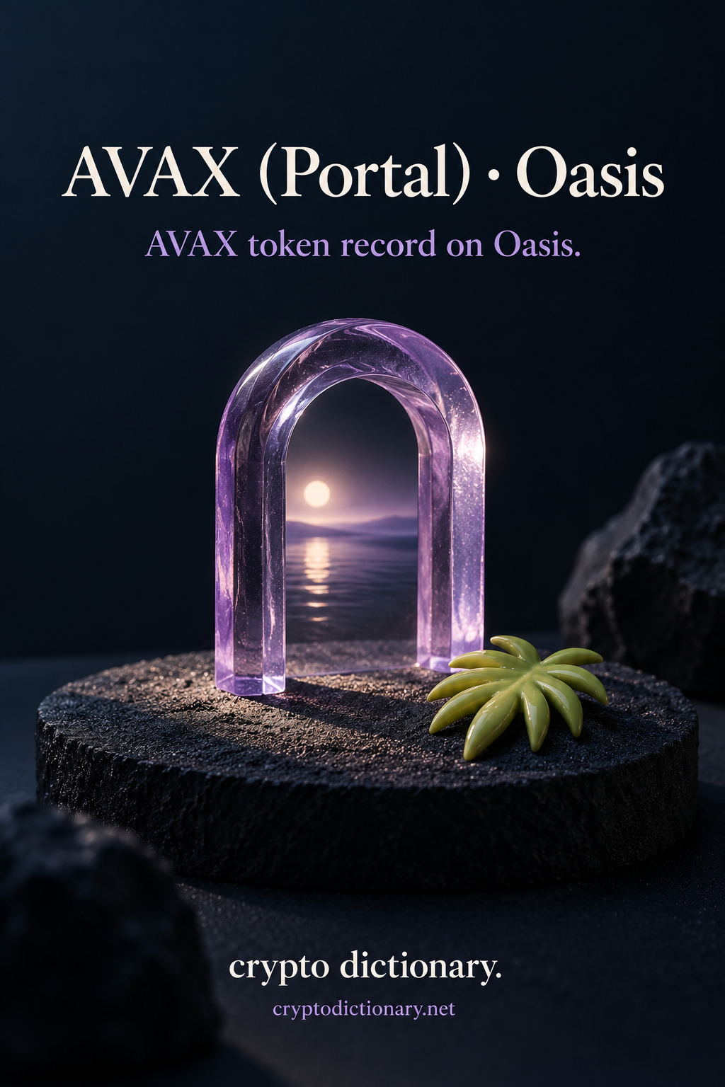 Lilac glass arched doorway with a sunset-water miniature and a lime ceramic palm leaf on navy stone; AVAX (Portal) · Oasis registry artwork.