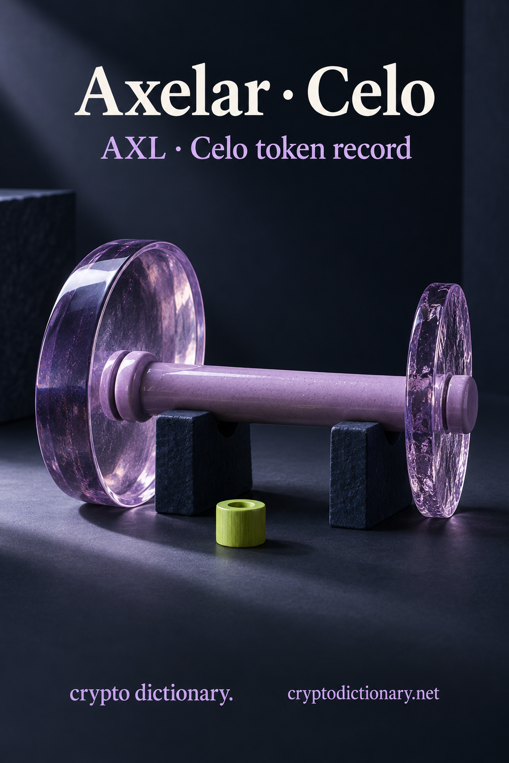 A lilac ceramic axle with two differently sized translucent glass wheels rests on navy cradle blocks beside a lime spacer, under Axelar · Celo and AXL token-record text.