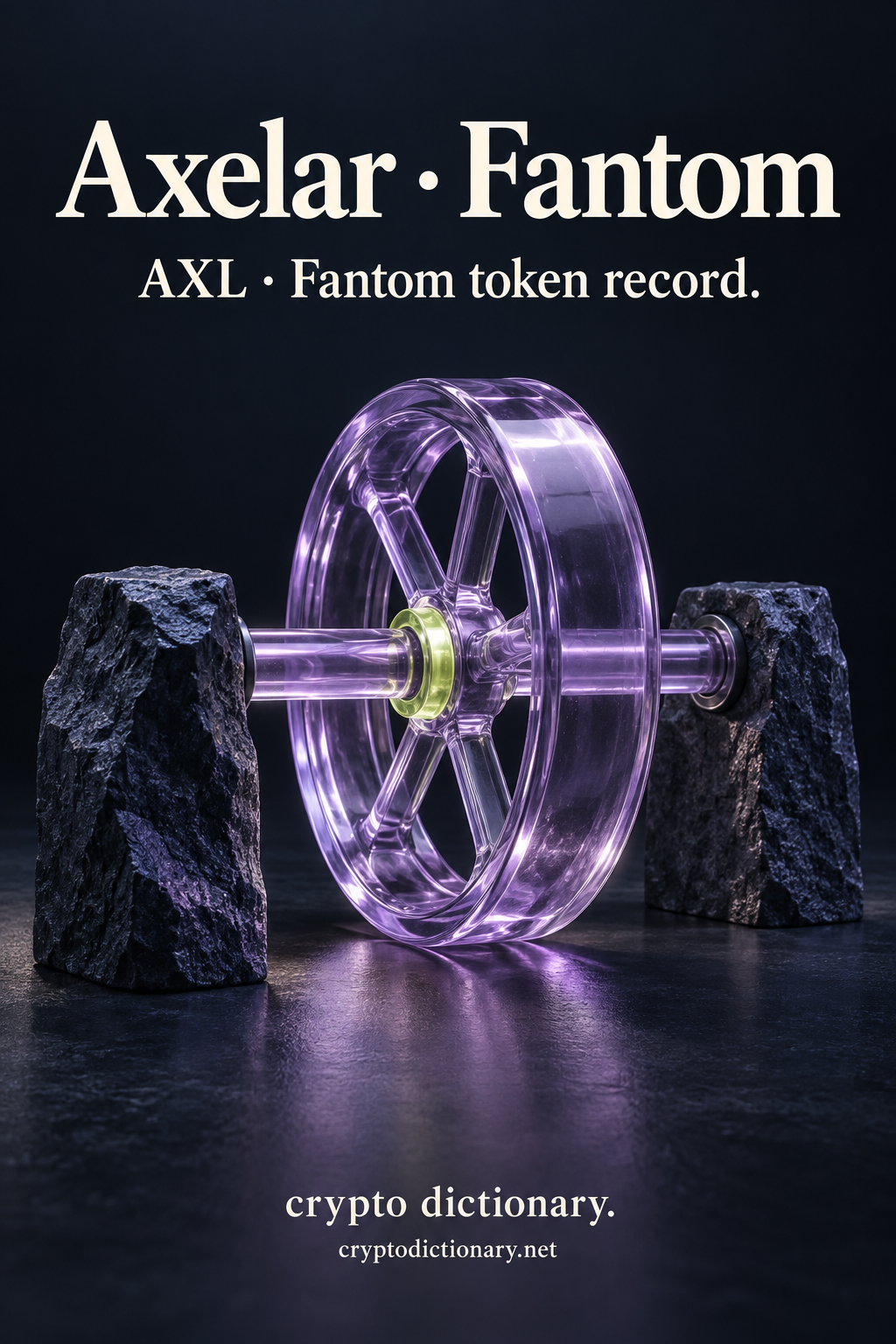 Axelar · Fantom — original lilac glass name-inspired sculpture with accurate AXL token record caption.