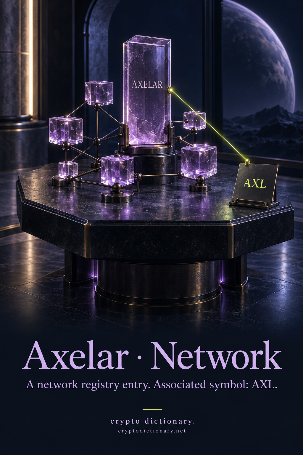 An AXELAR glass identity plaque amid generic linked network nodes, with a separate AXL associated-symbol registry card.