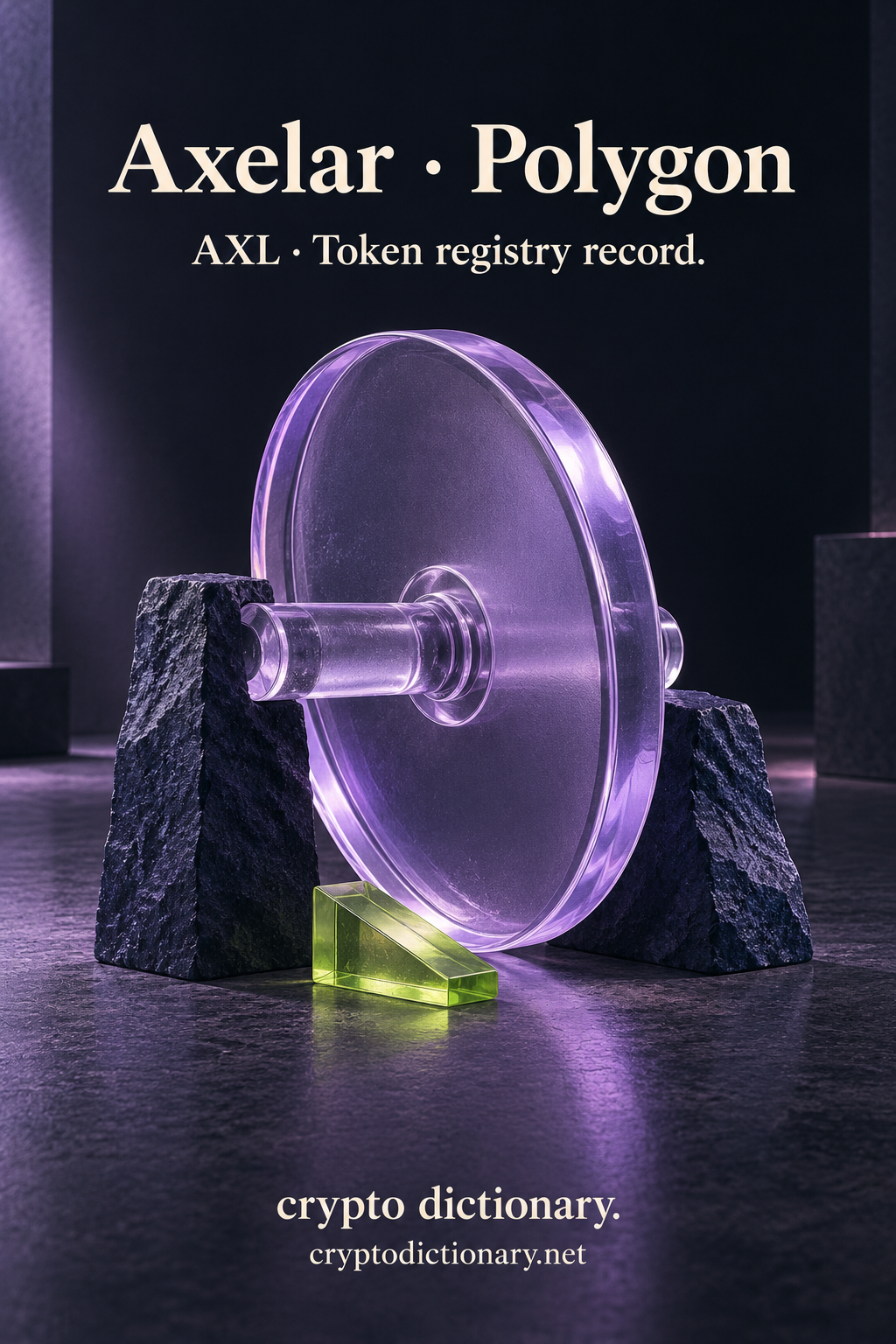 Axelar on Polygon illustrated by an original blank lilac glass wheel and short axle on dark stone supports beside a lime wedge, with neutral AXL registry caption.