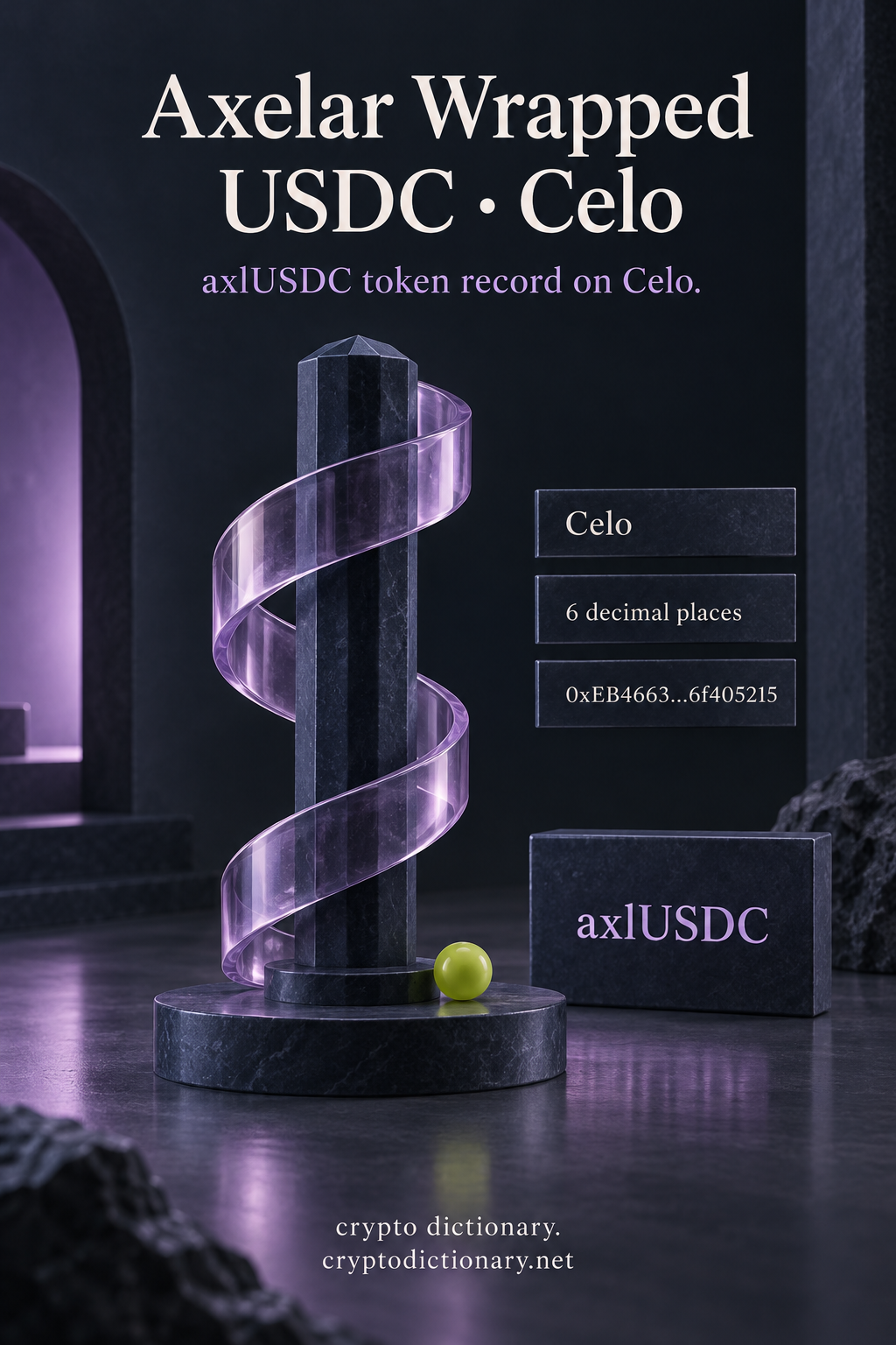 Naval stone axle with lilac glass ribbon, axlUSDC specimen and Celo token registry labels.