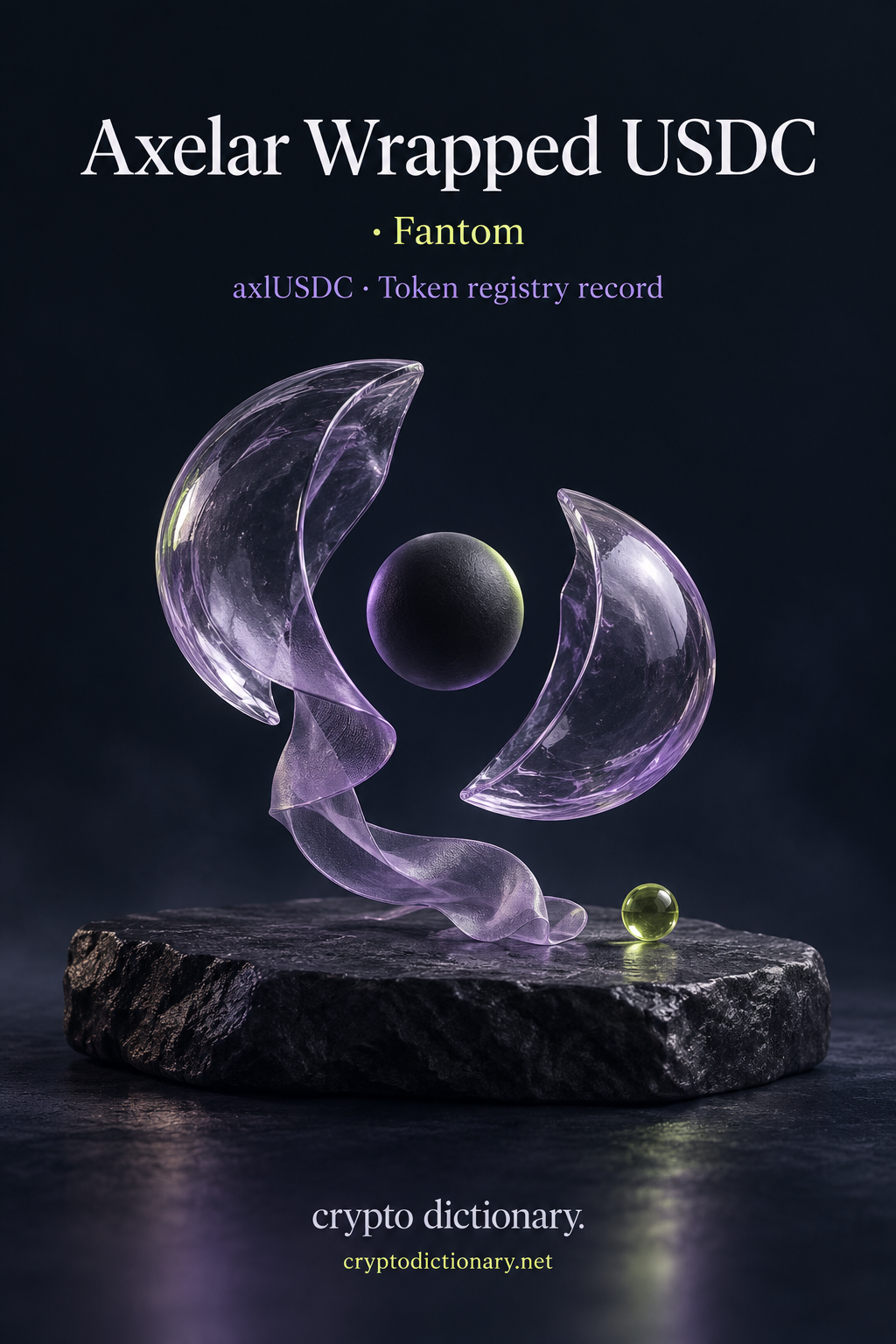 Axelar Wrapped USDC · Fantom token registry artwork with a charcoal sphere between lilac glass shells and a loose translucent ribbon on a blank stone slab.