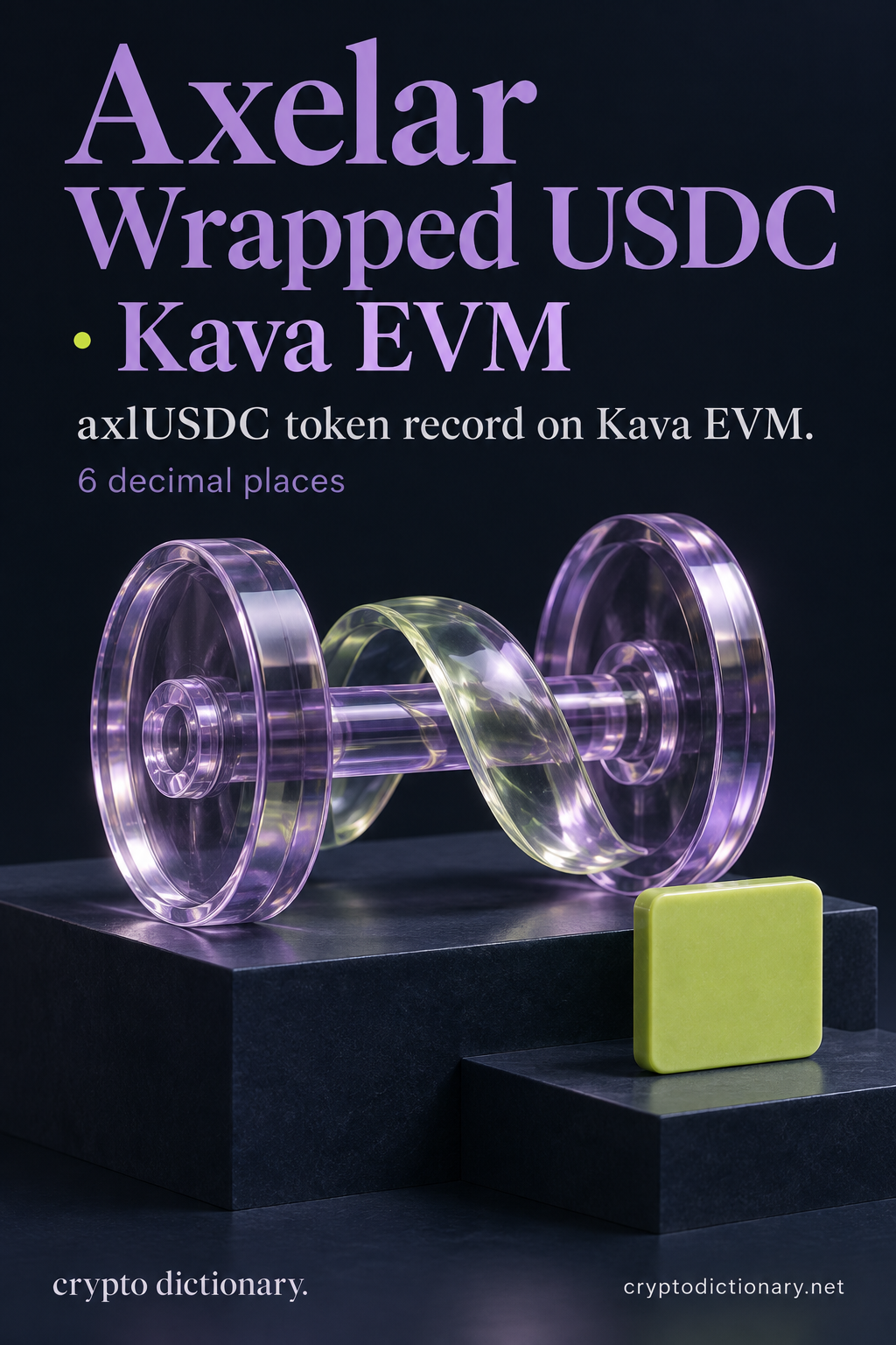 Lilac glass axle with a loosely wrapped ribbon, illustrating Axelar Wrapped USDC axlUSDC on Kava EVM.