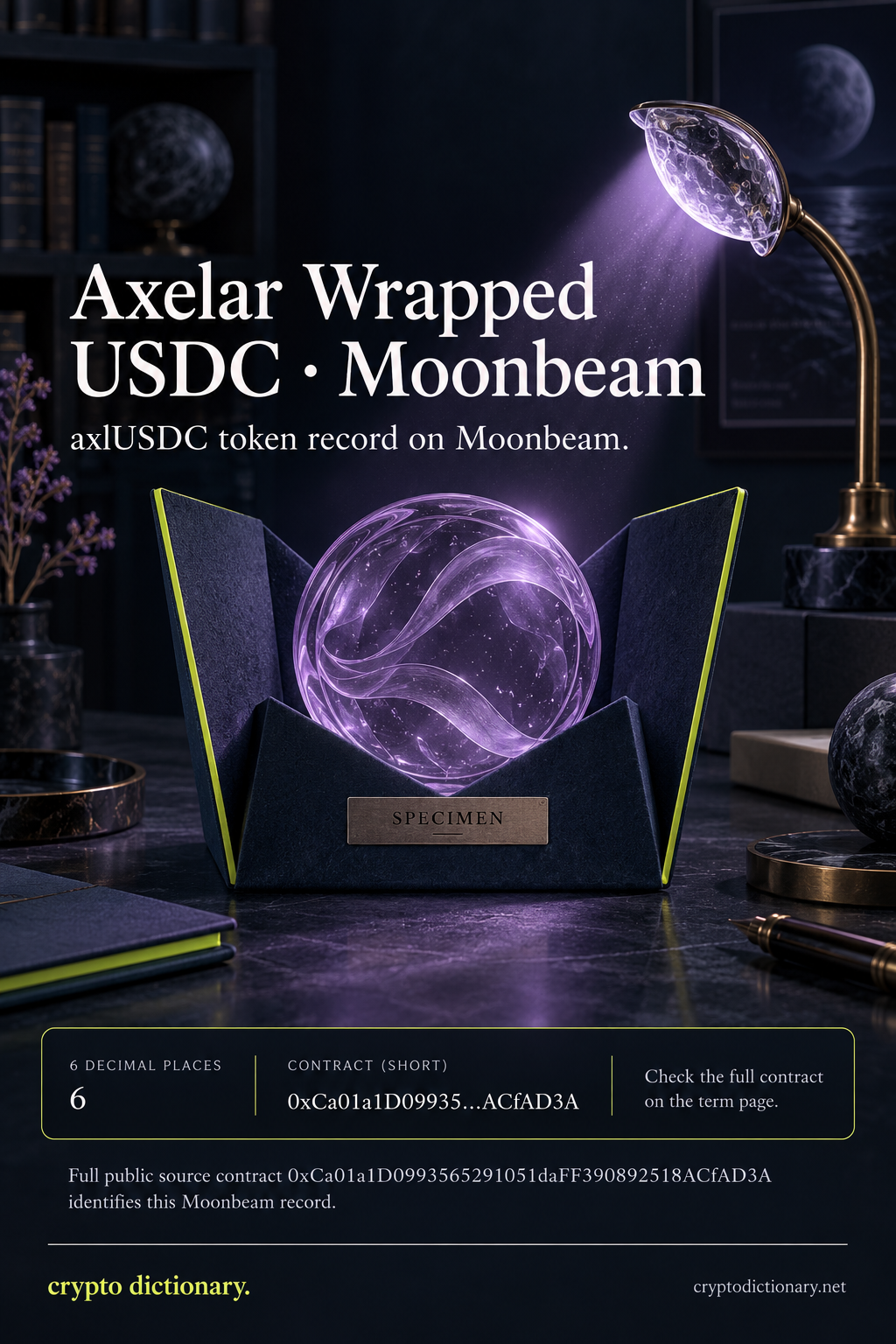 A lilac glass disc in a navy specimen cradle under a moon-shaped lamp identifies the axlUSDC token record on Moonbeam, six-decimal precision and its public address.