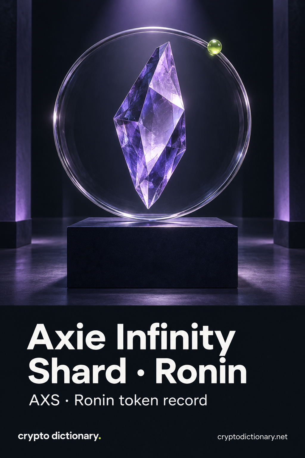 A tall faceted lilac glass shard floats inside a clear circular display lens with a lime bead at the rim, on a navy pedestal.